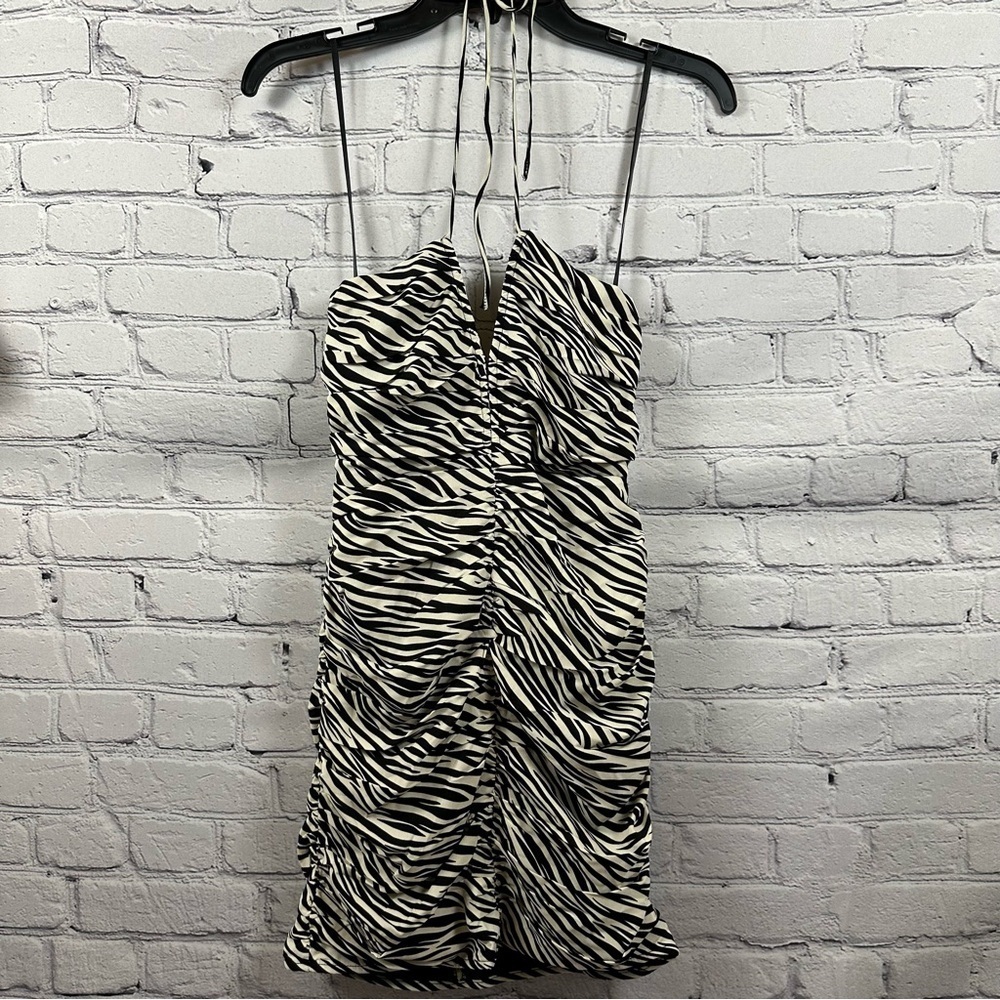 Aqua Zebra Print Draped Halter Mini Dress Tie Neck Lined Hook & Eye Top XS NWT